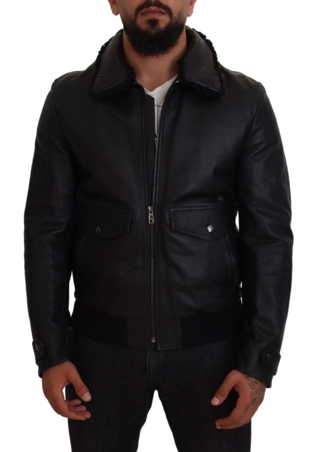 Dolce & Gabbana Black Lambskin Collared Men's Coat Jacket