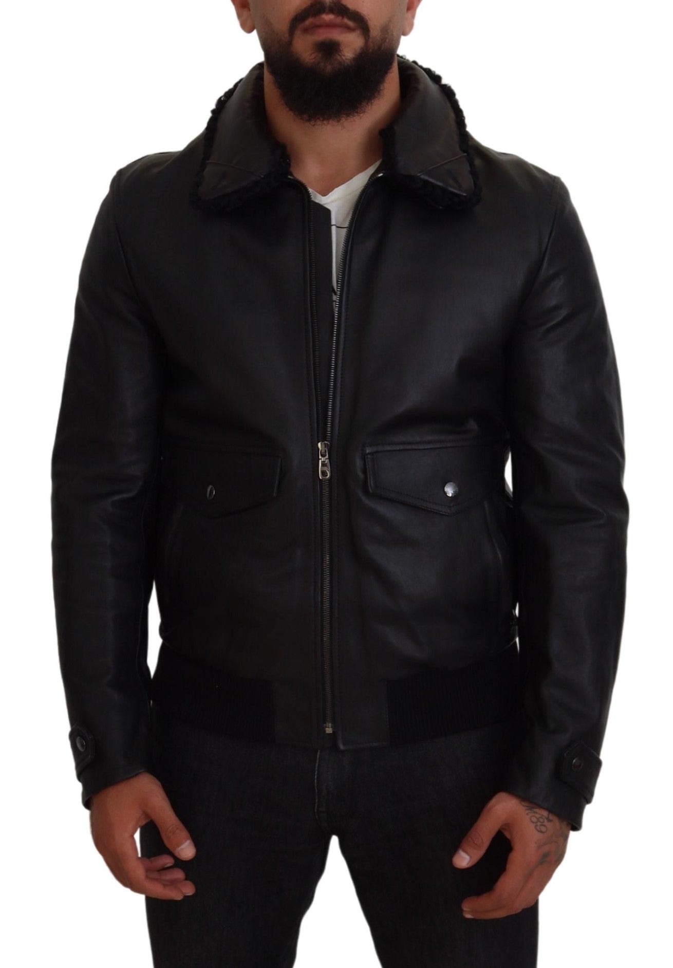 Dolce & Gabbana Black Lambskin Collared Men's Coat Jacket
