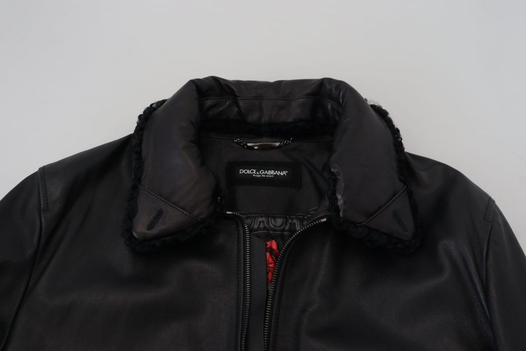 Dolce & Gabbana Black Lambskin Collared Men's Coat Jacket