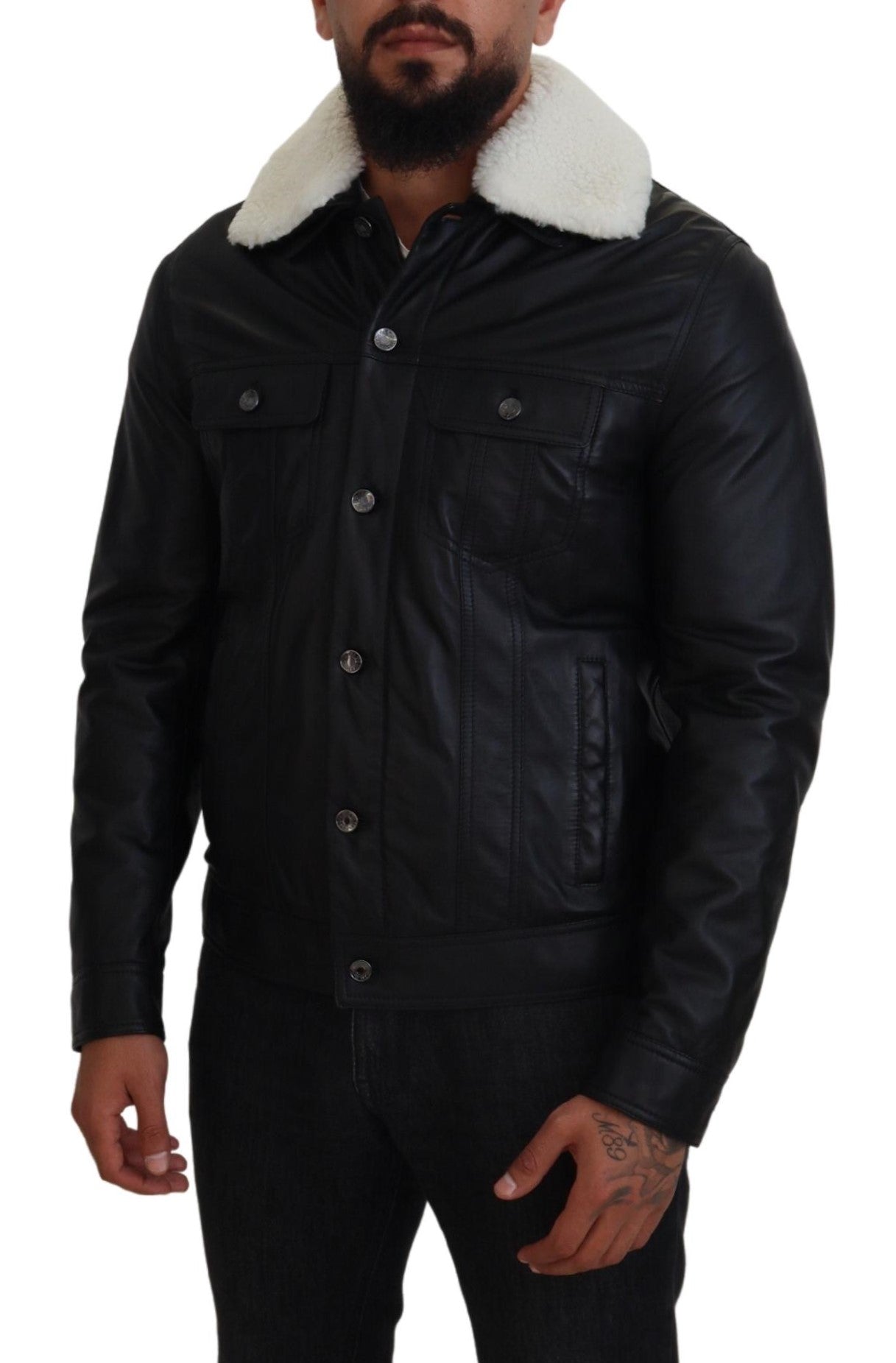 Dolce & Gabbana Schwarzes Lammleder mit Kragen Herrenmantel Jacke