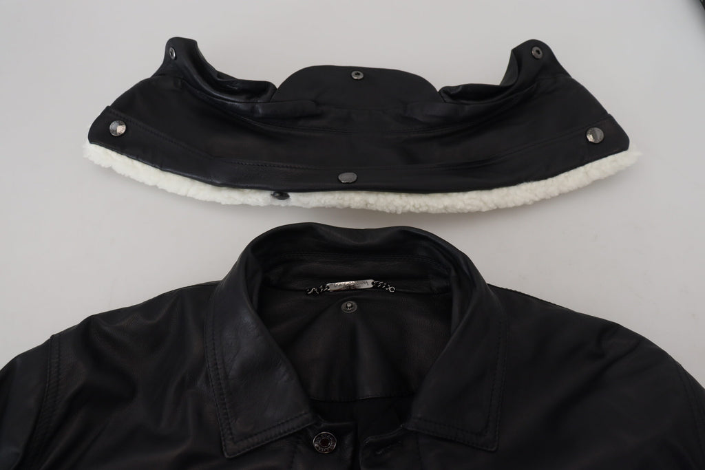 Dolce & Gabbana Schwarzes Lammleder mit Kragen Herrenmantel Jacke