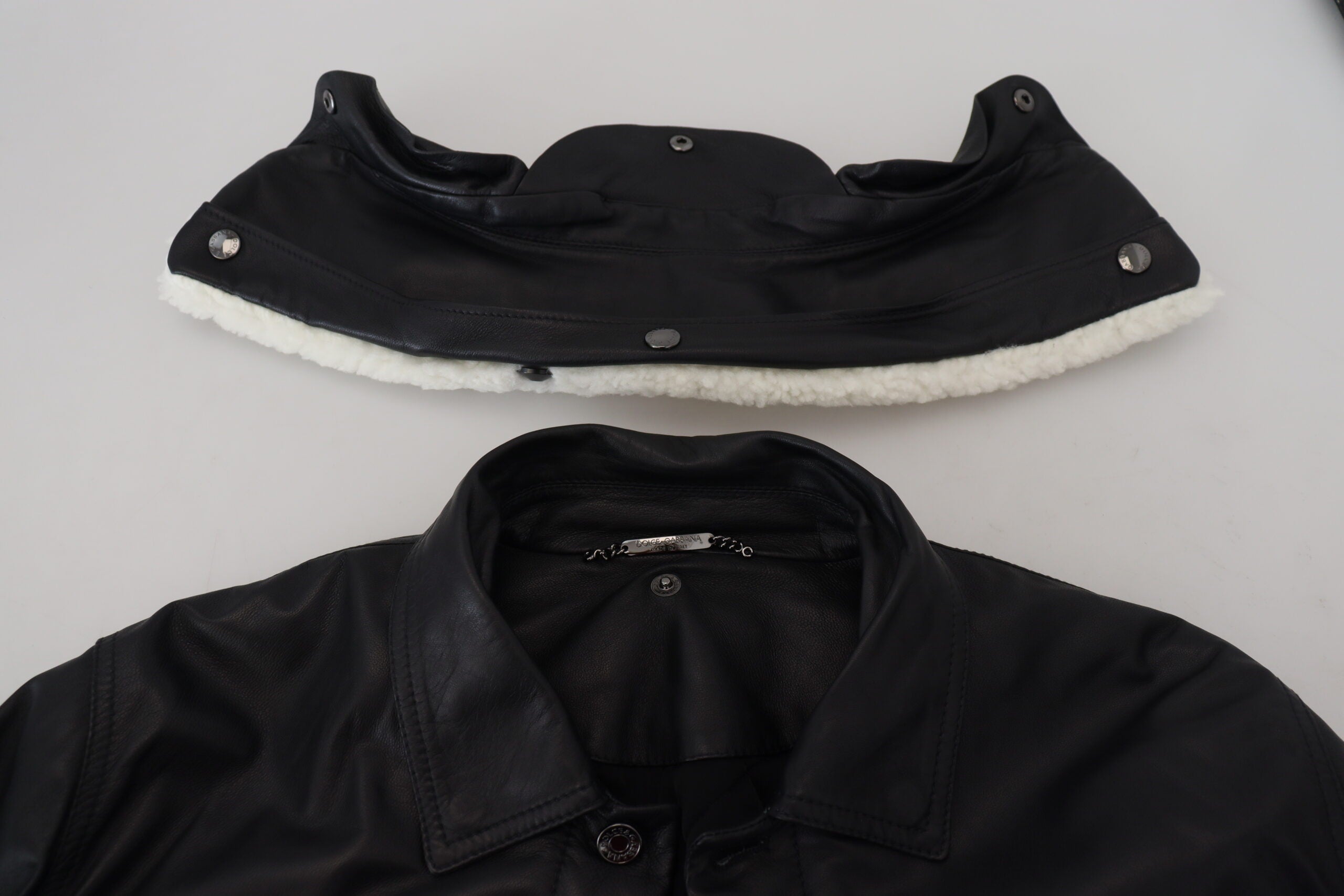 Dolce & Gabbana Schwarzes Lammleder mit Kragen Herrenmantel Jacke