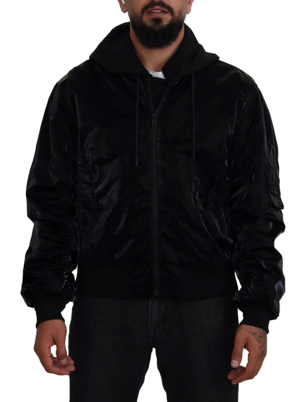 Dolce & Gabbana Black Nylon Hooded Bomber Jacket with Zipper