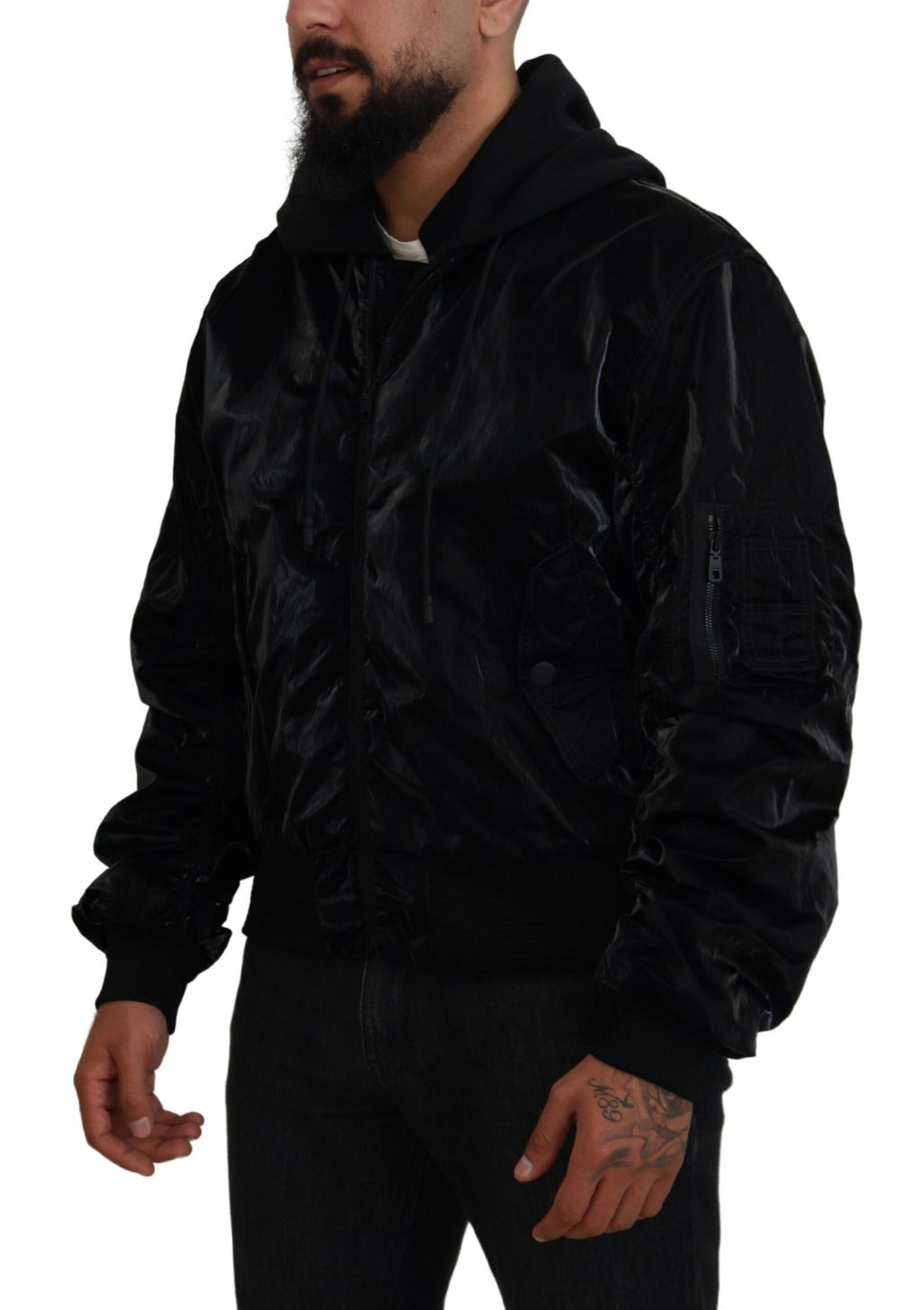 Dolce & Gabbana Black Nylon Hooded Bomber Jacket with Zipper