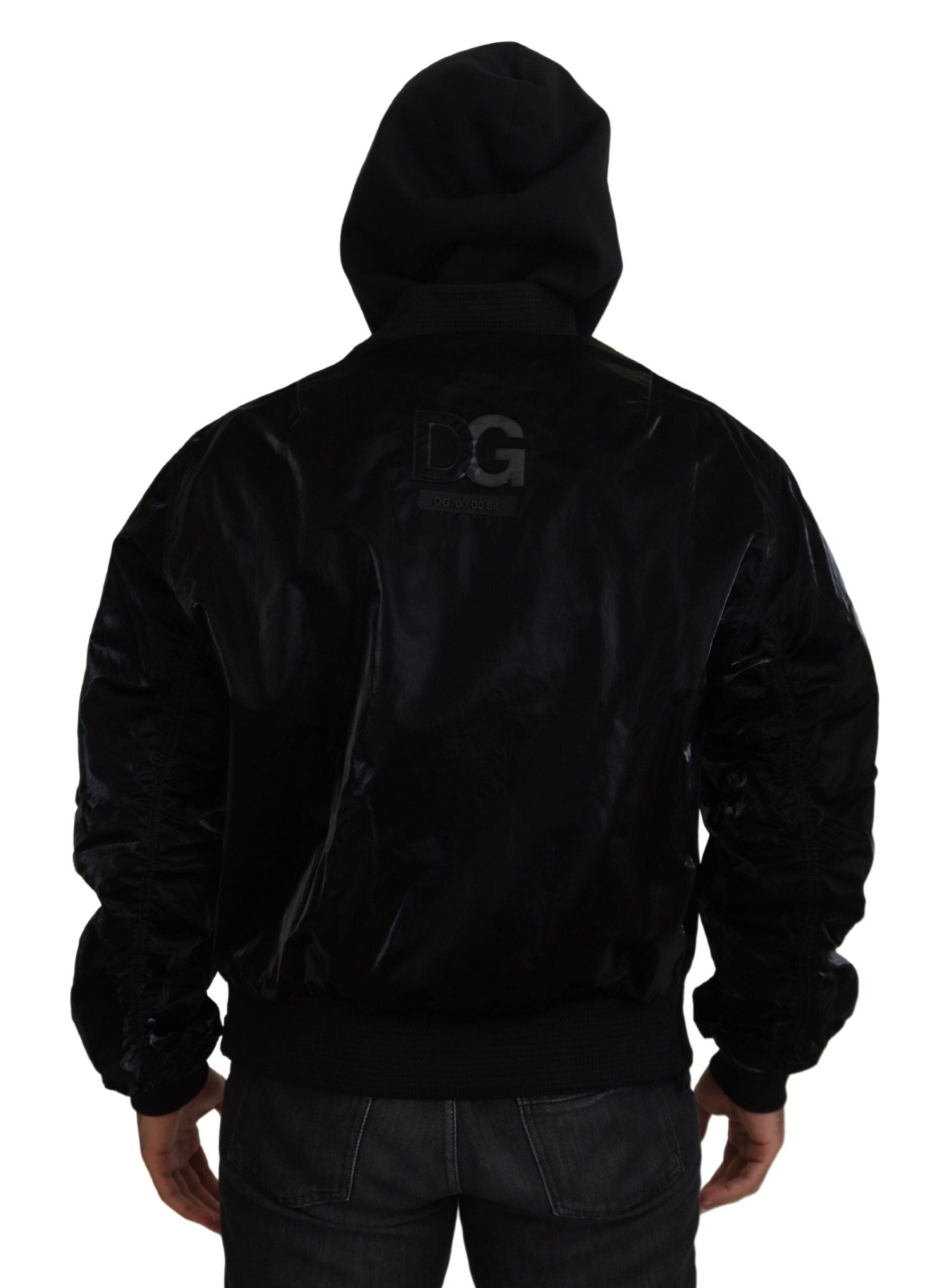 Dolce & Gabbana Black Nylon Hooded Bomber Jacket with Zipper
