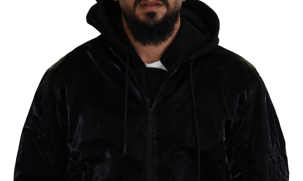 Dolce & Gabbana Black Nylon Hooded Bomber Jacket with Zipper