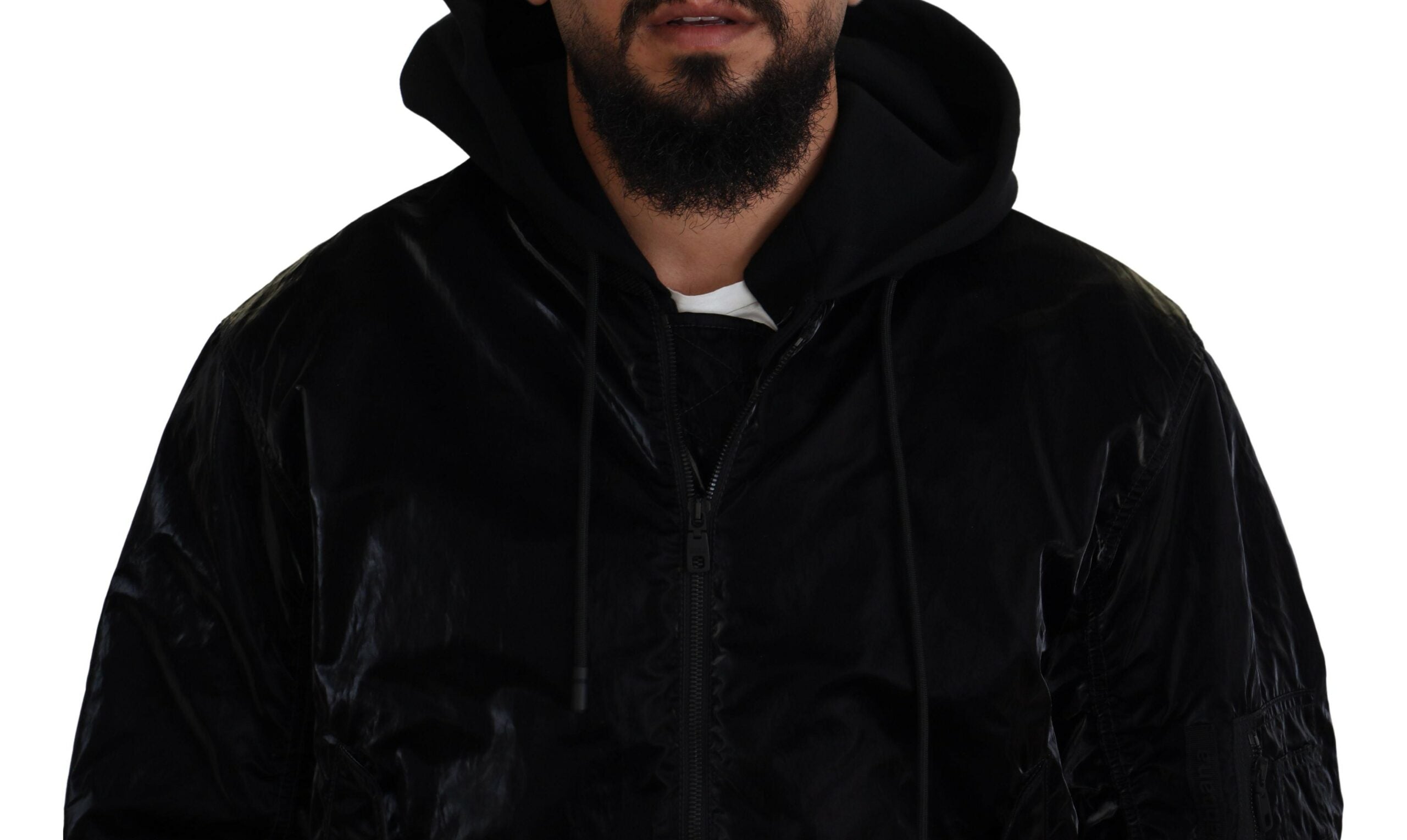Dolce & Gabbana Black Nylon Hooded Bomber Jacket with Zipper