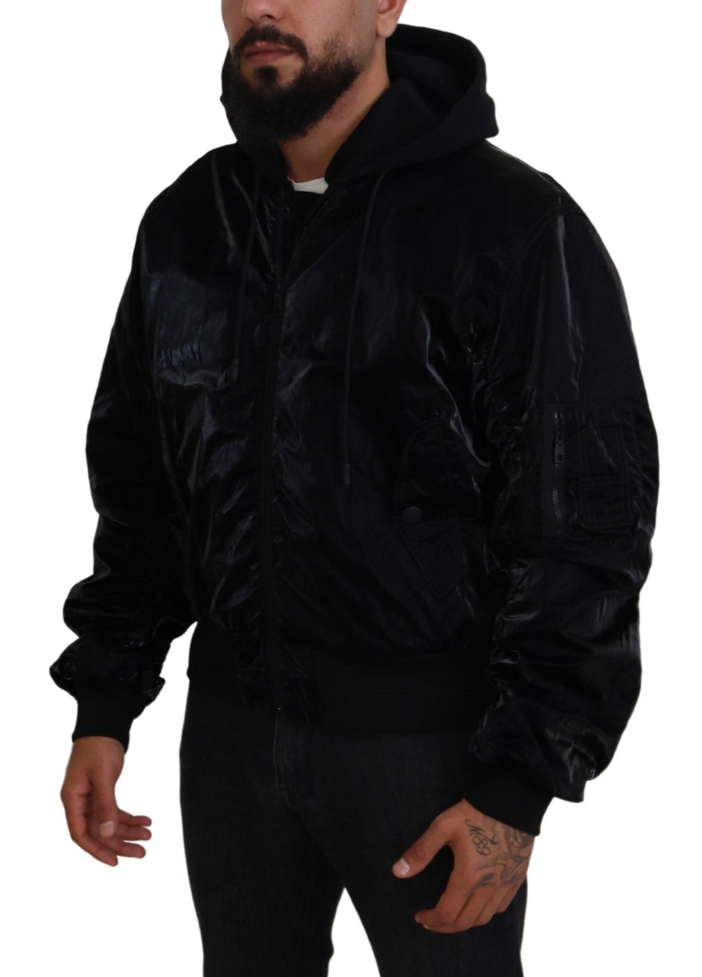 Dolce & Gabbana Black Nylon Hooded Bomber Jacket with Zipper