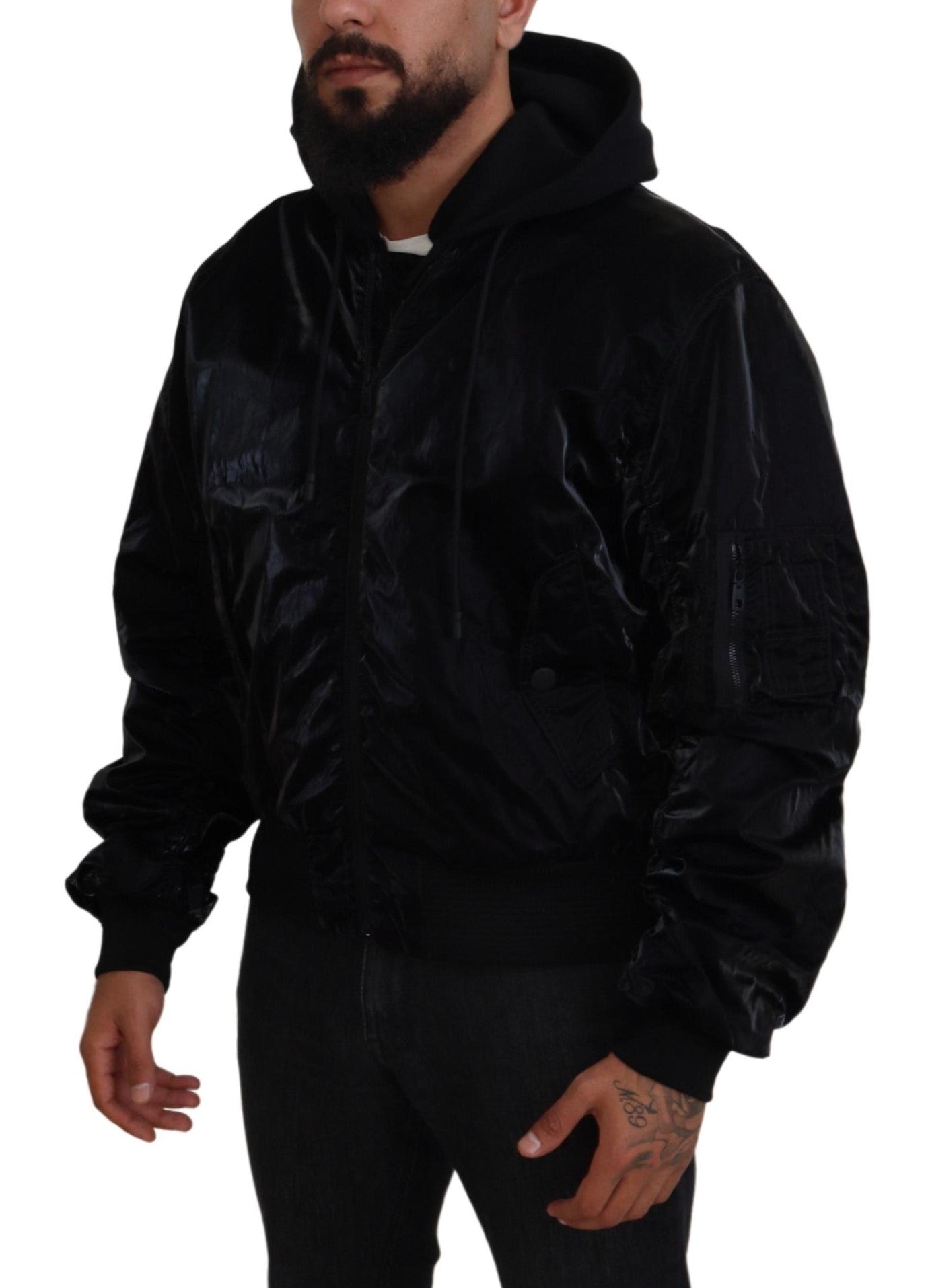 Dolce & Gabbana Black Nylon Hooded Bomber Jacket with Zipper