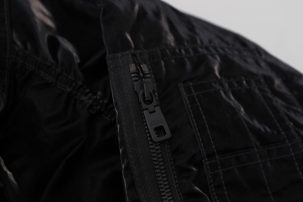 Dolce & Gabbana Black Nylon Hooded Bomber Jacket with Zipper