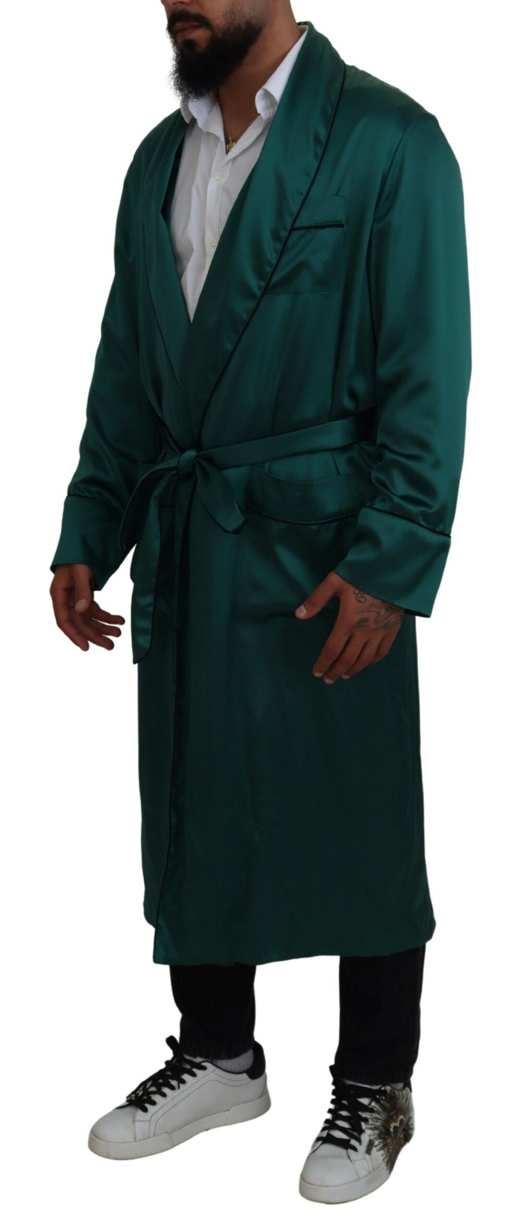 Dolce & Gabbana Green Silk Waist Robe Nightwear