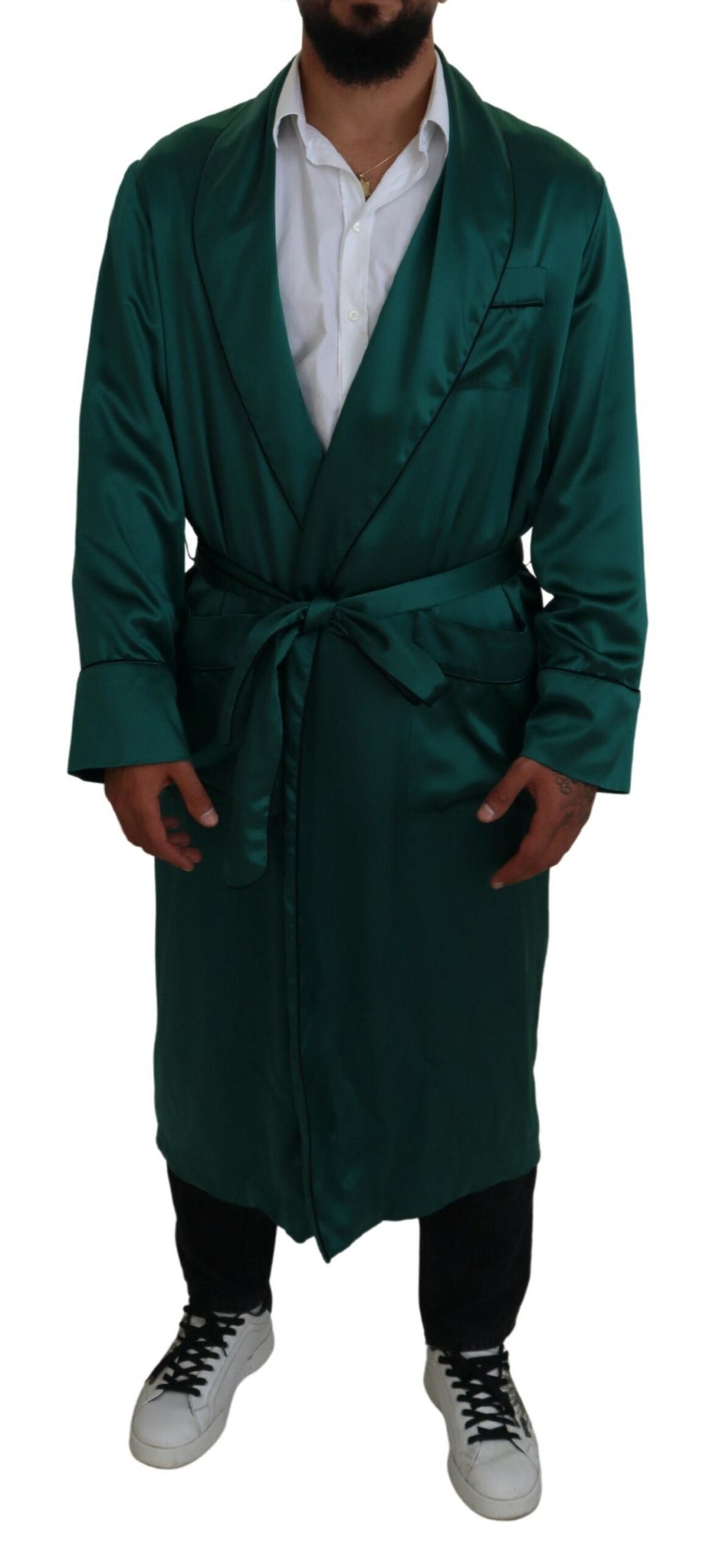 Dolce & Gabbana Green Silk Waist Robe Nightwear