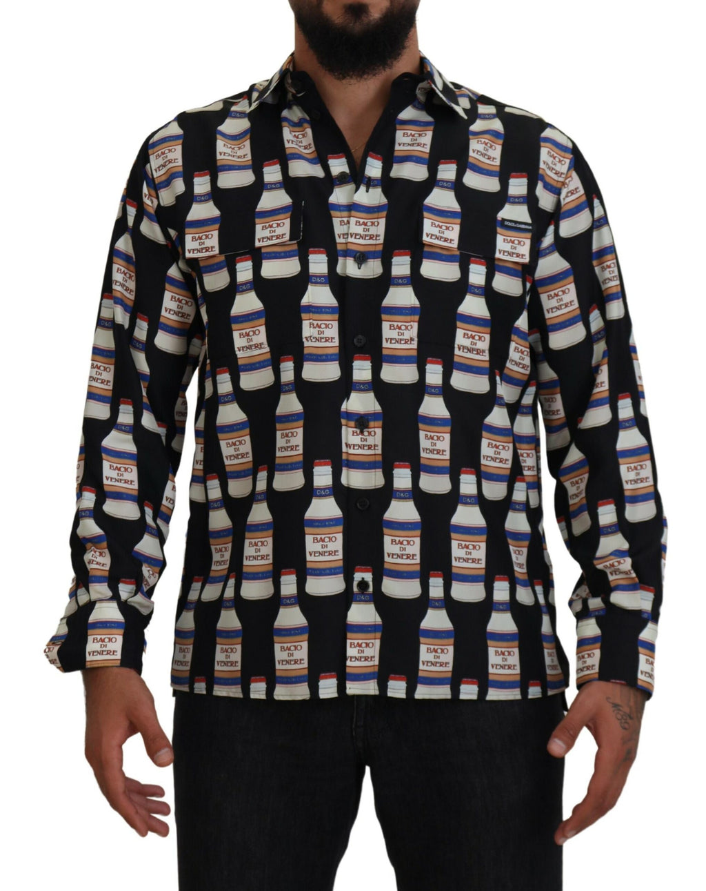 Dolce & Gabbana Schwarzes Seidenhemd mit bedrucktem Kragen für Männer Freizeithemd