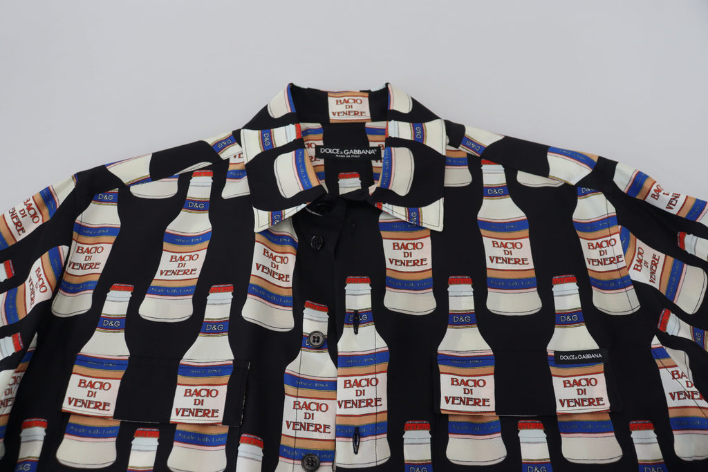 Dolce & Gabbana Schwarzes Seidenhemd mit bedrucktem Kragen für Männer Freizeithemd