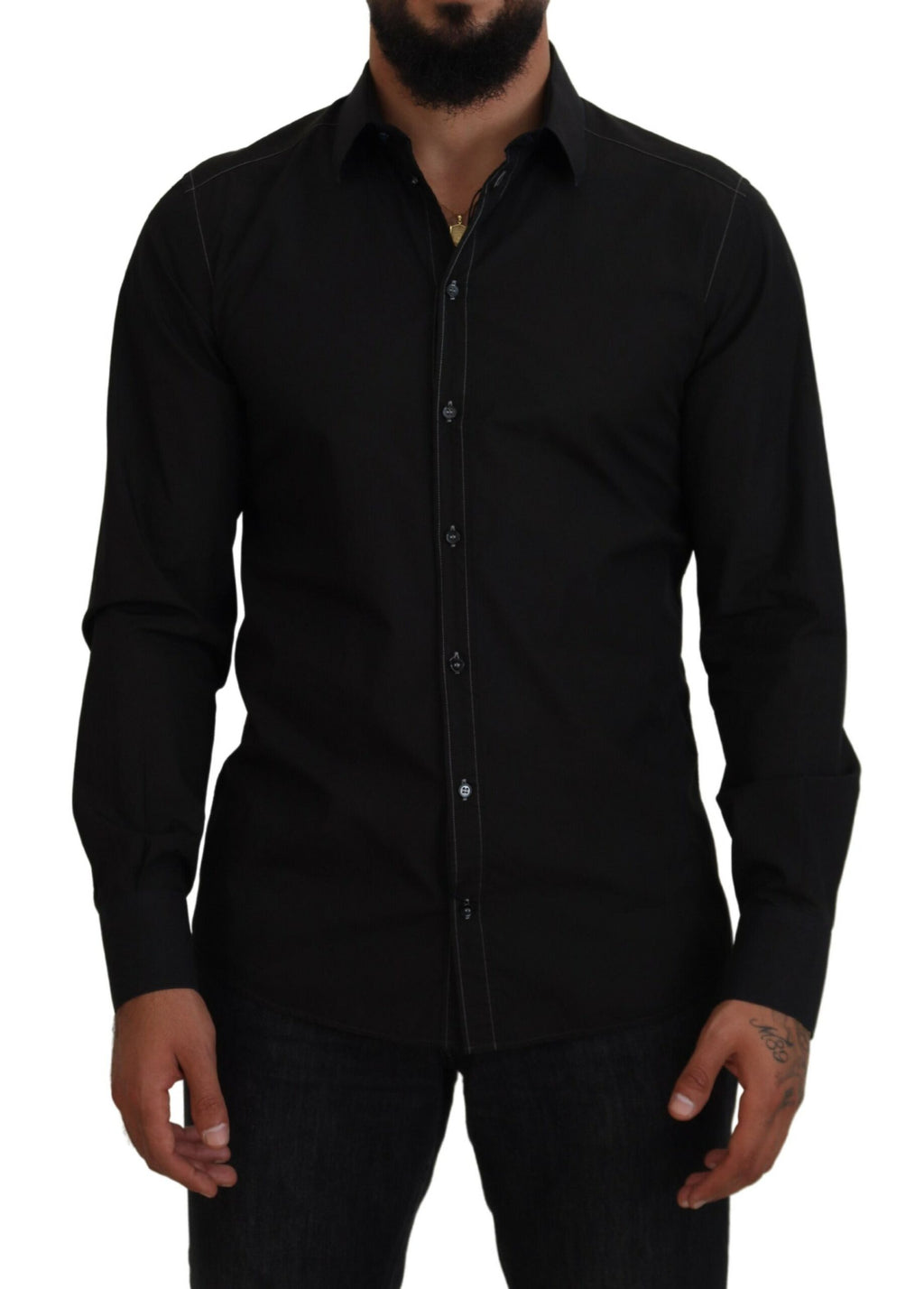 Dolce & Gabbana Black Long-Sleeve GOLD Shirt with Cotton Collar