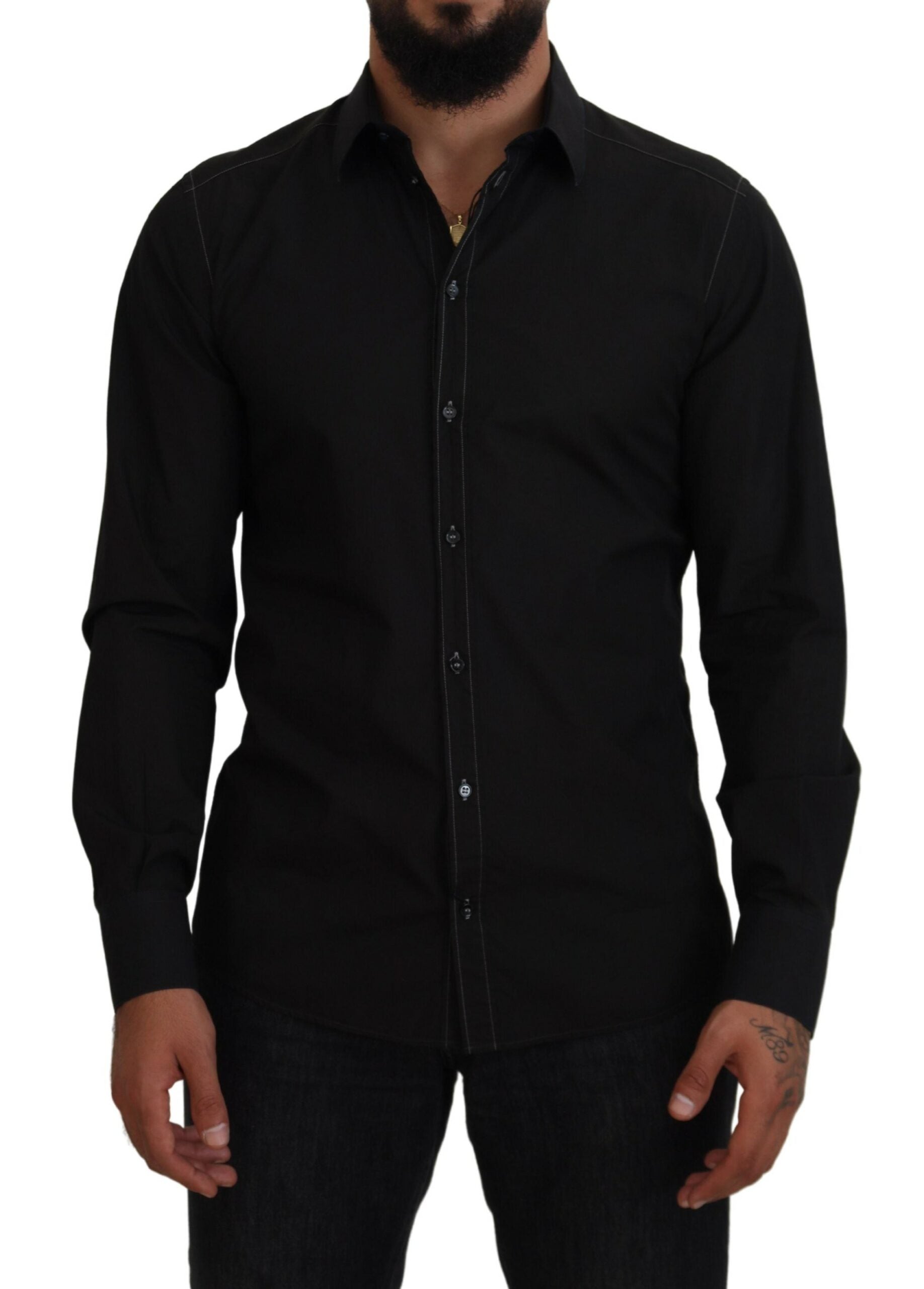 Dolce & Gabbana Black Long-Sleeve GOLD Shirt with Cotton Collar