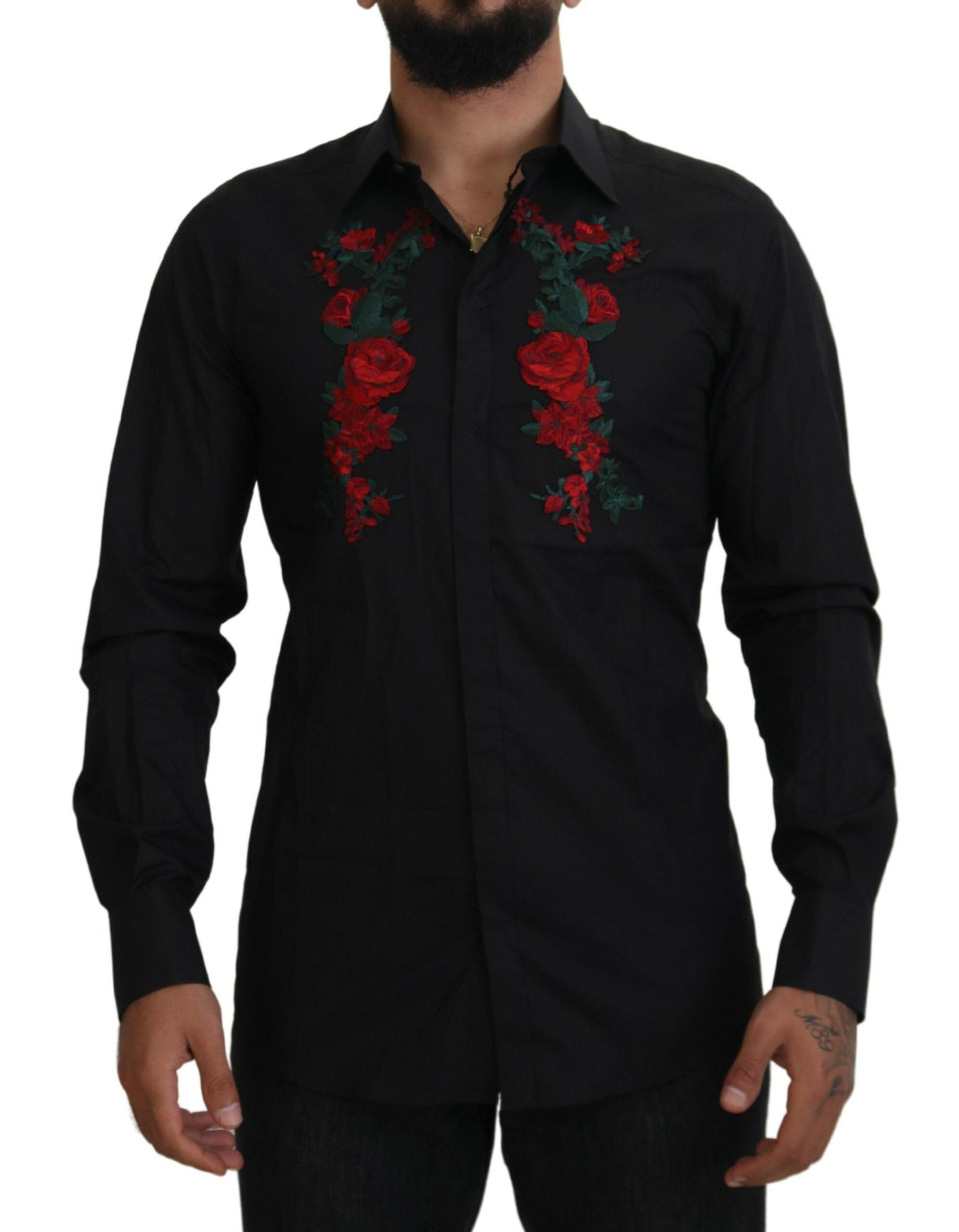 Dolce & Gabbana Schwarz Floral Stickerei Männer Lange Ärmel GOLD Hemd