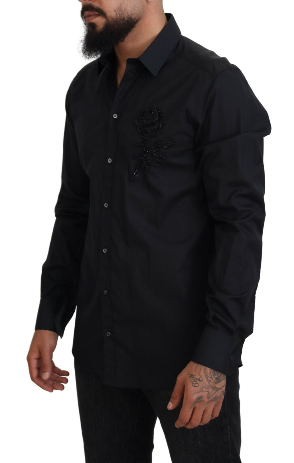 Dolce & Gabbana Black Rose Slim Fit Cotton Shirt