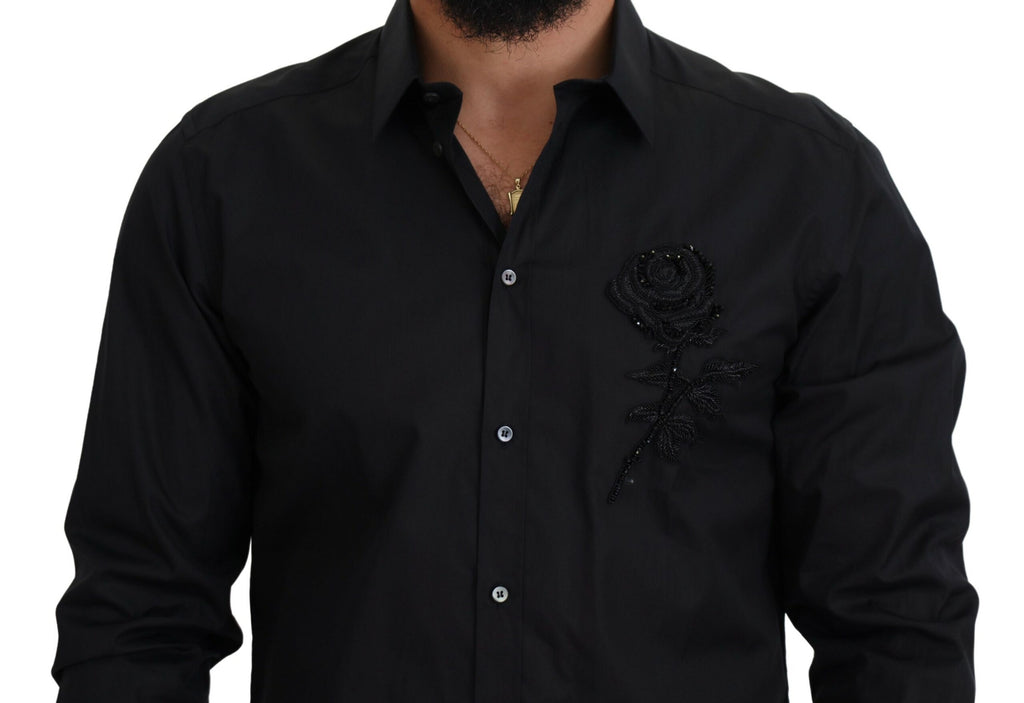 Dolce & Gabbana Black Rose Slim Fit Cotton Shirt