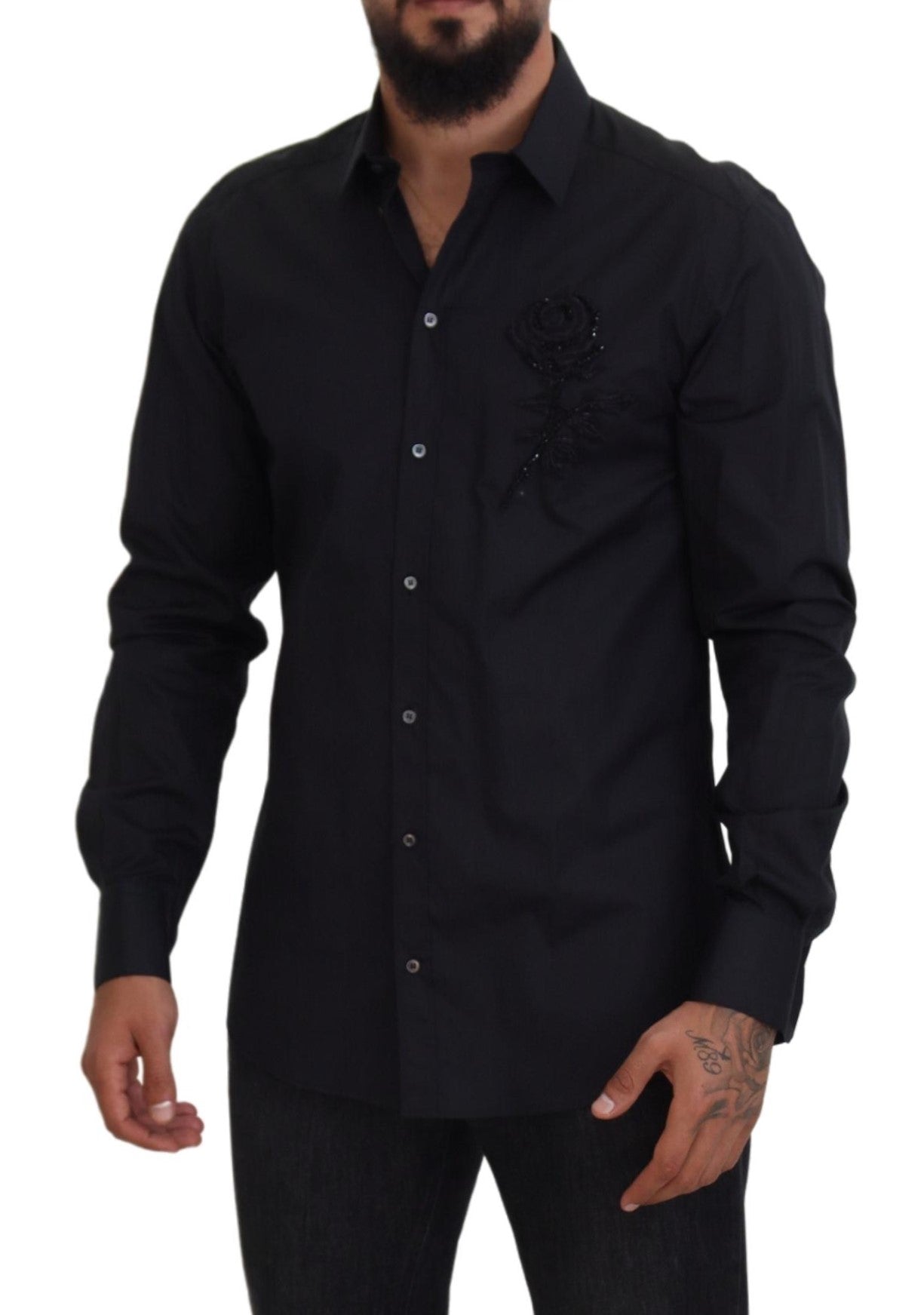 Dolce & Gabbana Black Rose Slim Fit Cotton Shirt
