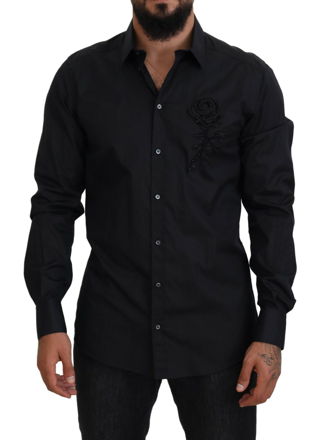 Dolce & Gabbana Black Rose Slim Fit Cotton Shirt