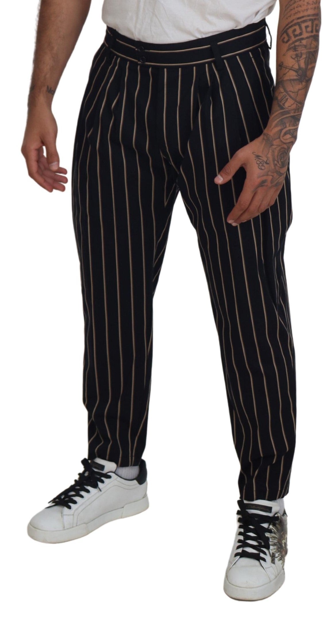 Dolce & Gabbana Black and Beige Striped Cotton-Stretch Trousers