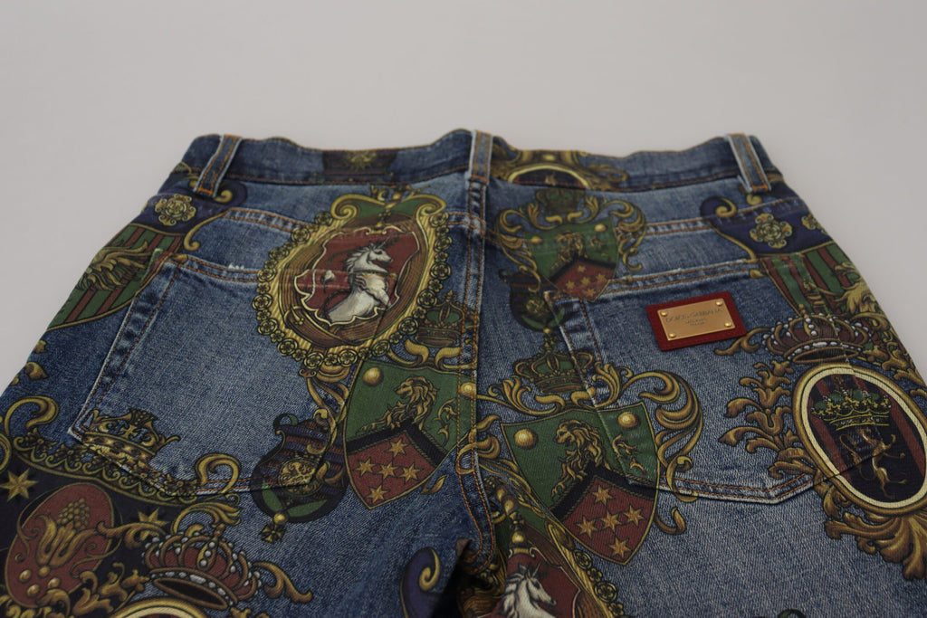 Dolce & Gabbana Blaue Medaillendruck Slim Fit Baumwolljeans