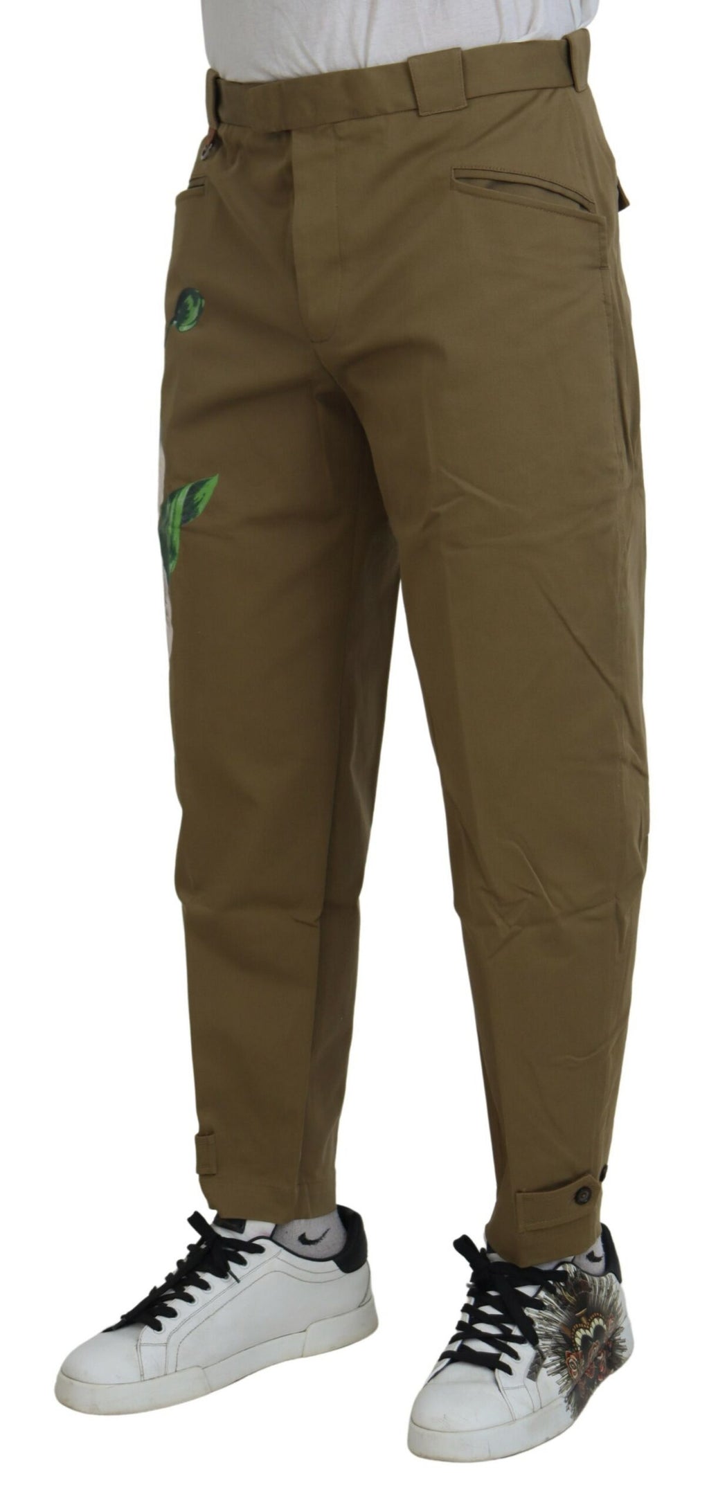 Dolce & Gabbana Beigefarbene Stretch-Chinohose aus Baumwolle mit Blumenmuster