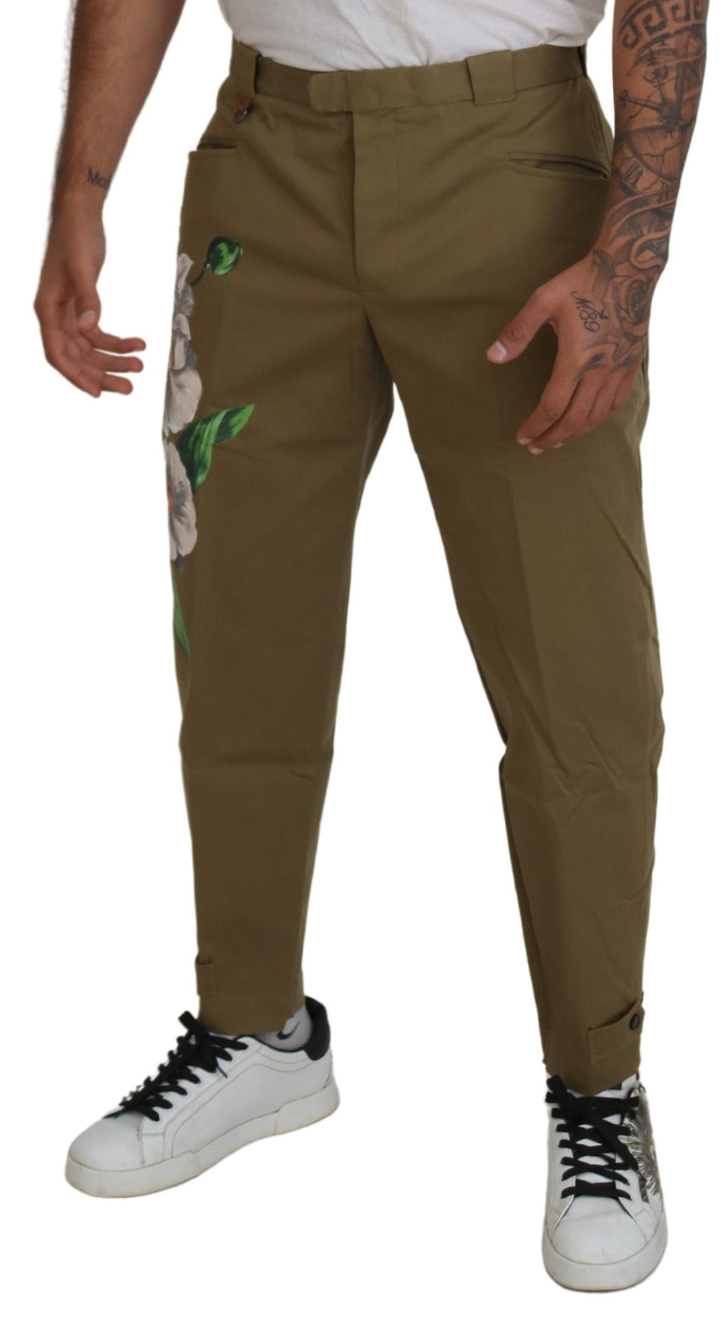 Dolce & Gabbana Beigefarbene Stretch-Chinohose aus Baumwolle mit Blumenmuster