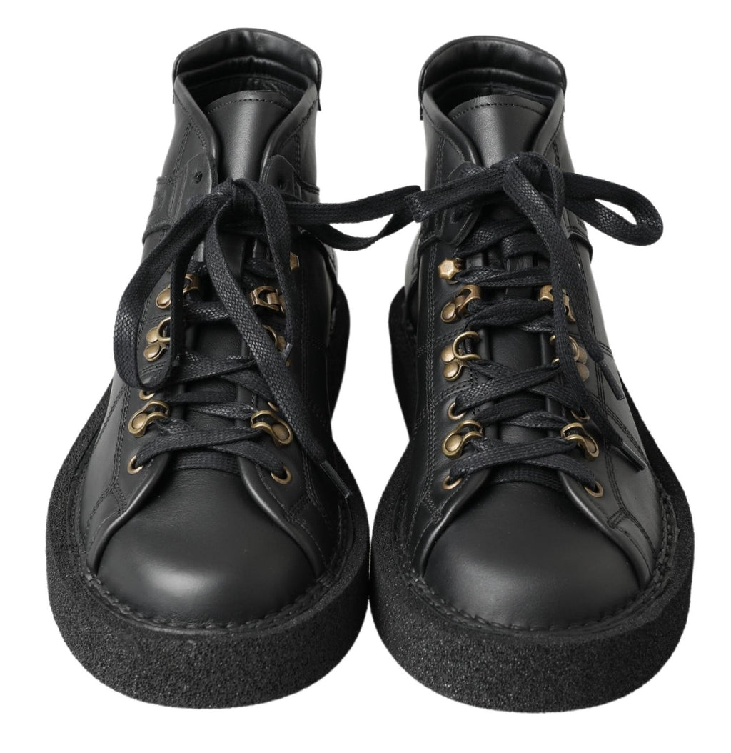 Dolce & Gabbana Schwarze Leder-Slipper mit Stretch-Stiefeln