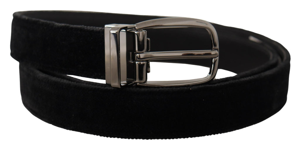 Dolce & Gabbana Black Velvet Belt with Engraved Logo Metal