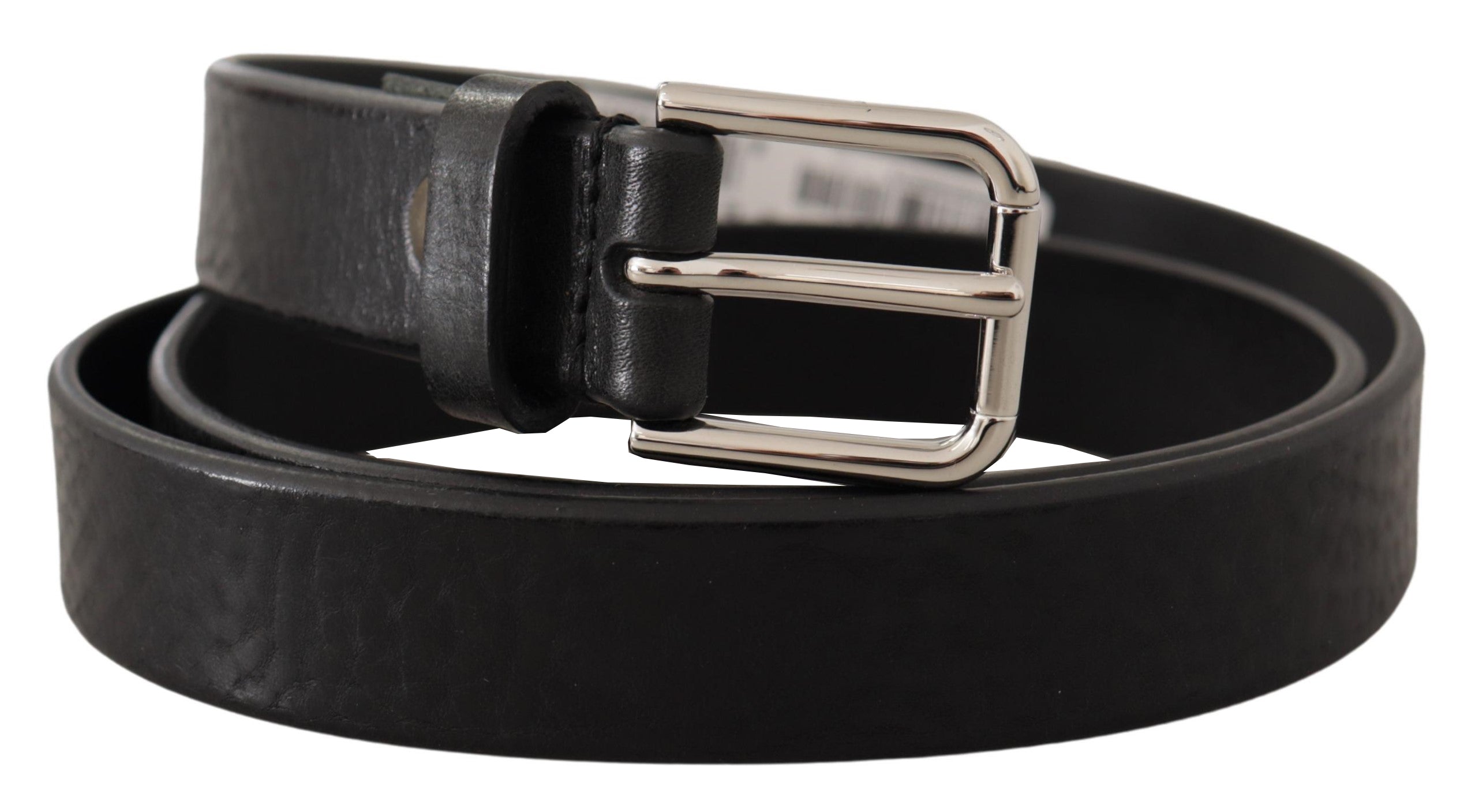 Dolce & Gabbana Black Calfskin Silver-Tone Logo Metal Buckle Belt