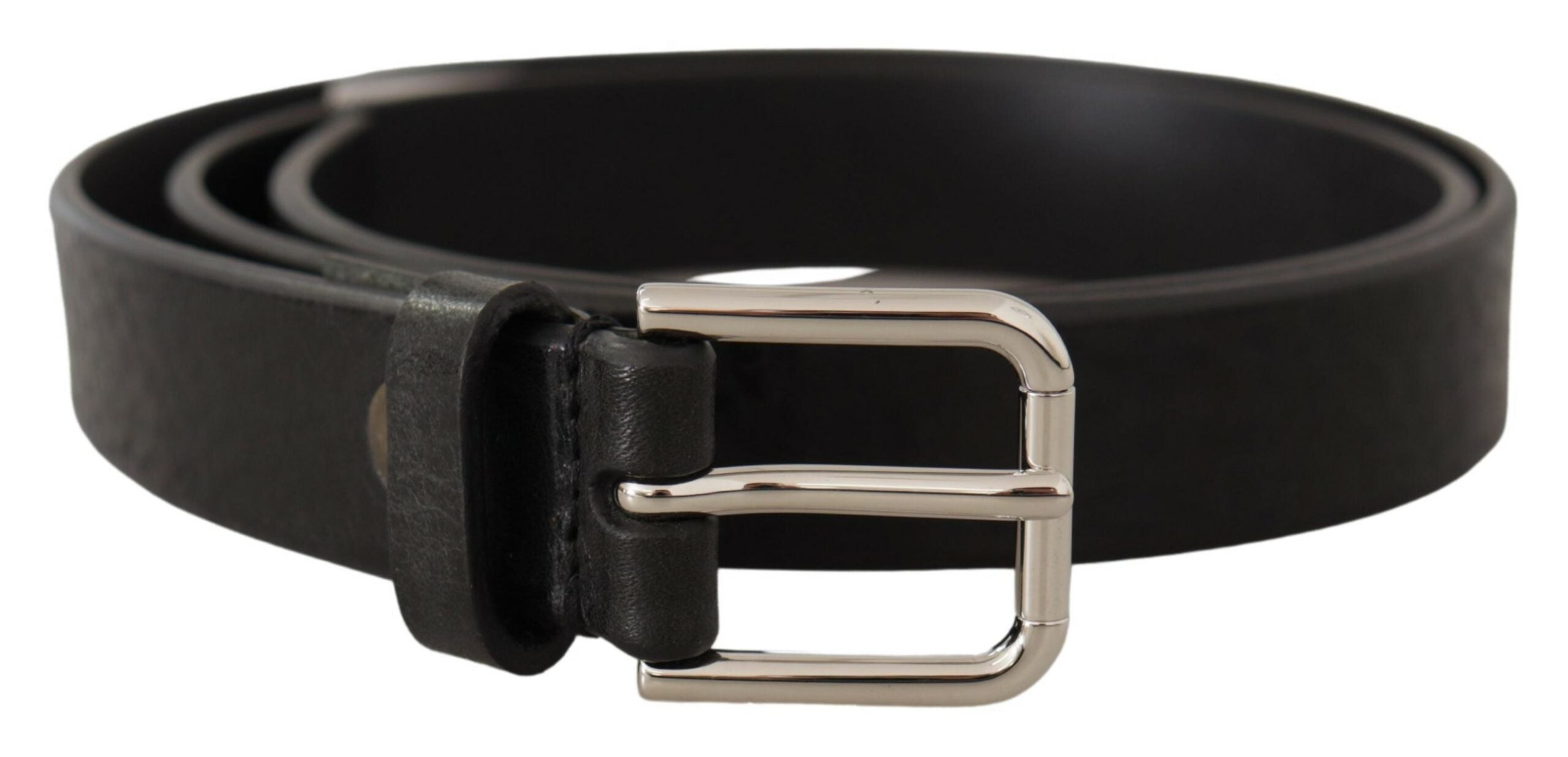 Dolce & Gabbana Black Calfskin Silver-Tone Logo Metal Buckle Belt