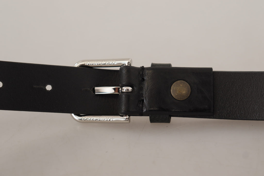 Dolce & Gabbana Black Calfskin Silver-Tone Logo Metal Buckle Belt