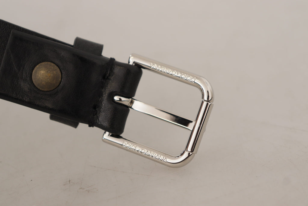 Dolce & Gabbana Black Calfskin Silver-Tone Logo Metal Buckle Belt