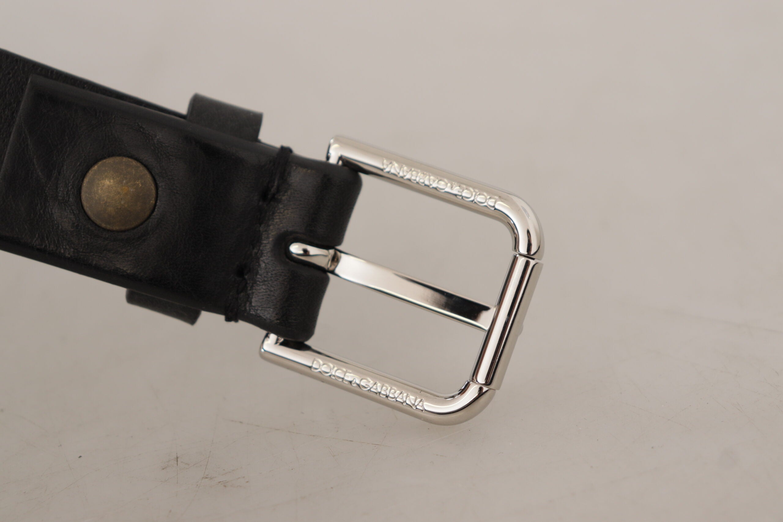 Dolce & Gabbana Black Calfskin Silver-Tone Logo Metal Buckle Belt