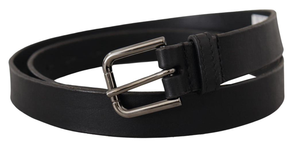 Dolce & Gabbana Black Calfskin Belt with Engraved Logo and Metal Buckle