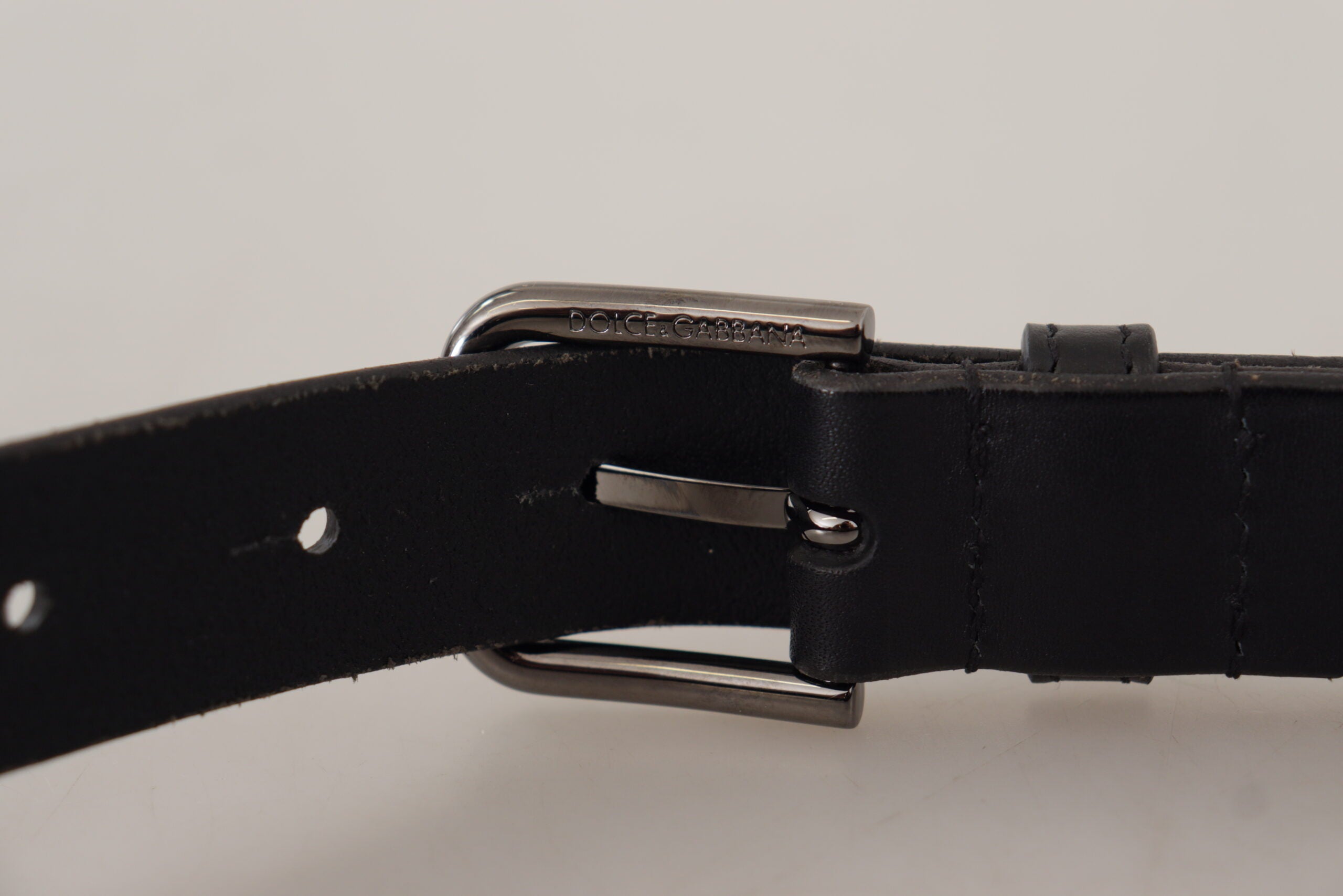 Dolce & Gabbana Black Calfskin Belt with Engraved Logo and Metal Buckle