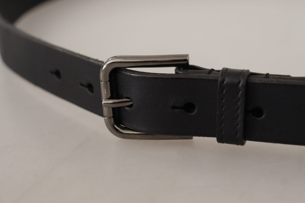 Dolce & Gabbana Black Calfskin Belt with Engraved Logo and Metal Buckle