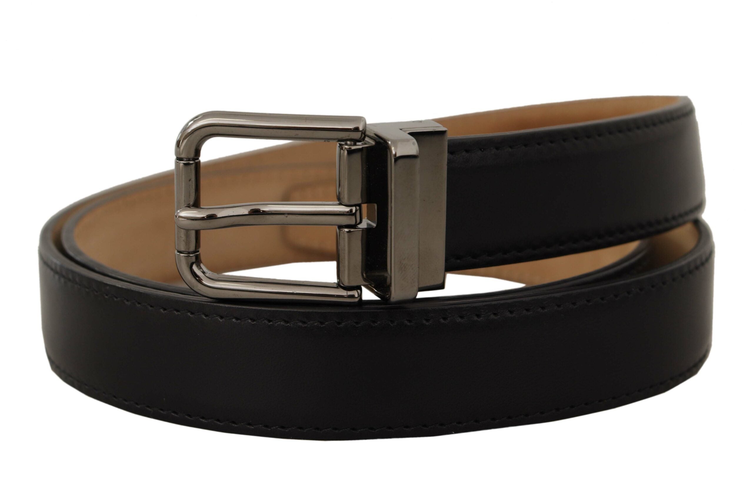 Dolce & Gabbana Black Calfskin Belt with Engraved Logo and Metal Buckle