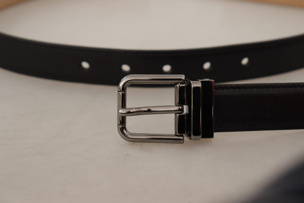 Dolce & Gabbana Black Calfskin Belt with Engraved Logo and Metal Buckle