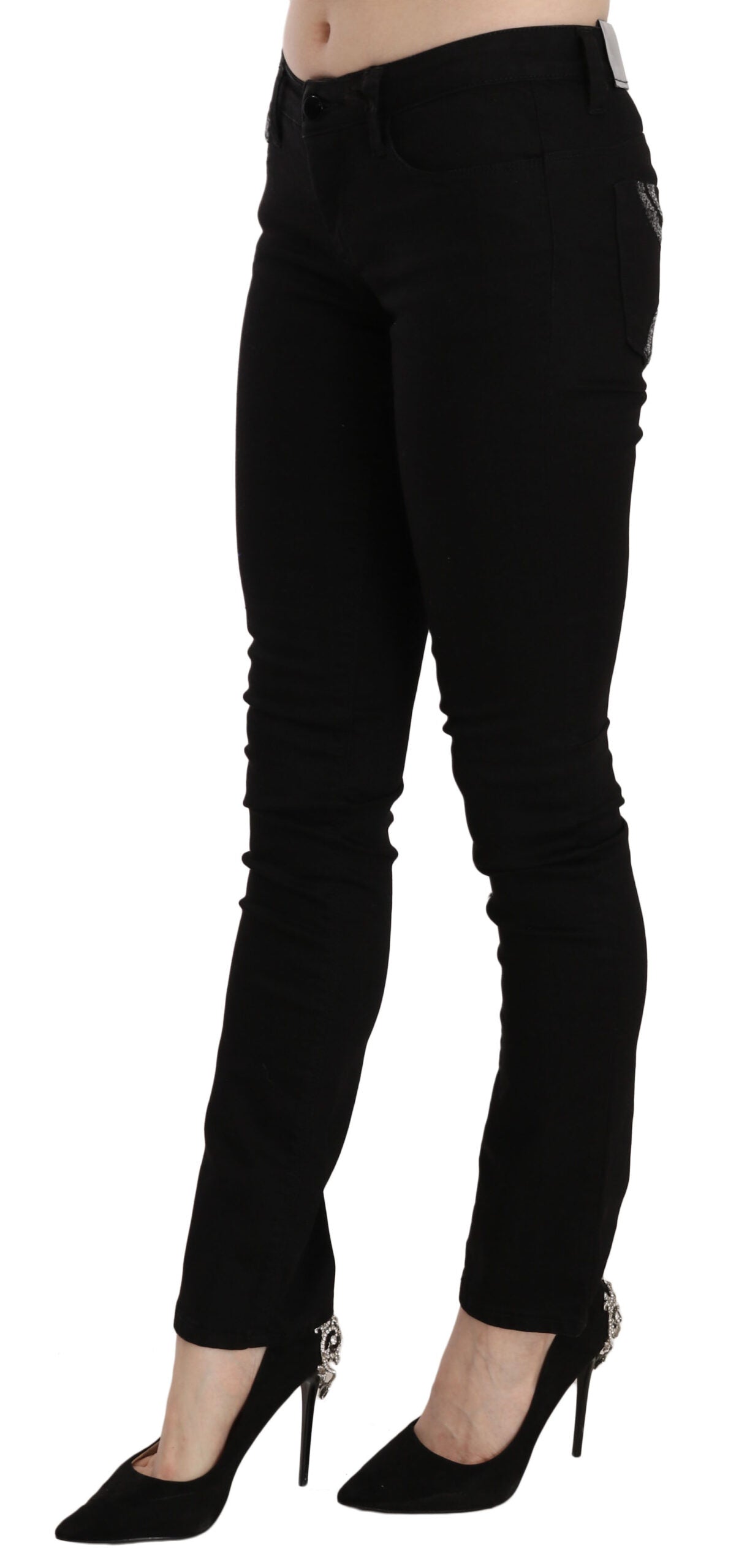 Costume National Schwarze Pailletten-Jeans mit schmaler Taille und schmaler Passform aus Denim