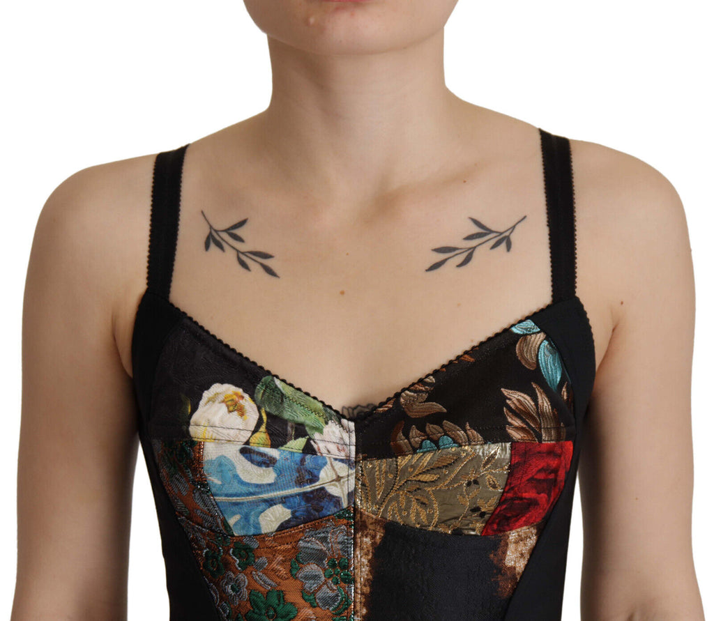 Dolce & Gabbana Schwarzes Patchwork Sizilien Bluse Korsett Cropped Top
