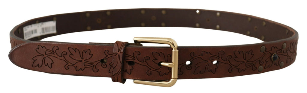 Dolce & Gabbana Brauner Leder Gürtel mit floraler Metallschnalle und Nieten