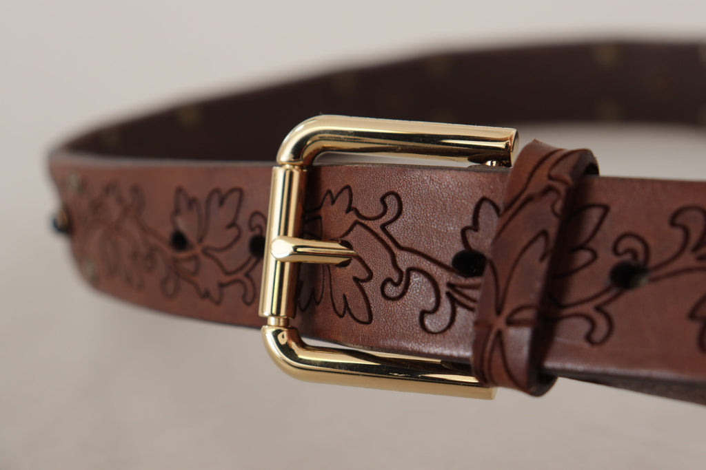 Dolce & Gabbana Brauner Leder Gürtel mit floraler Metallschnalle und Nieten