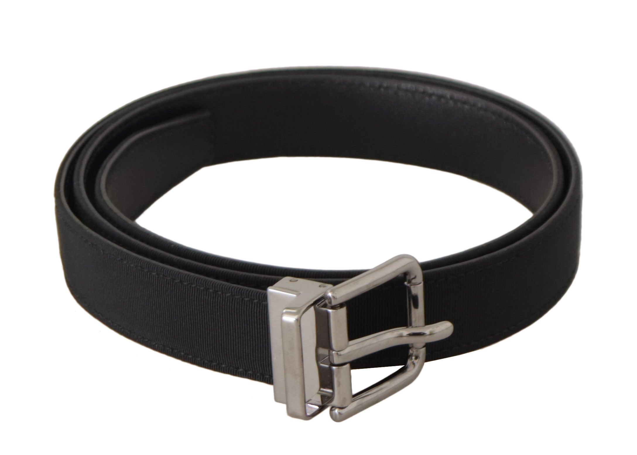 Dolce & Gabbana Schwarzer Canvas-Leder-Gürtel mit silberner Metallschnalle
