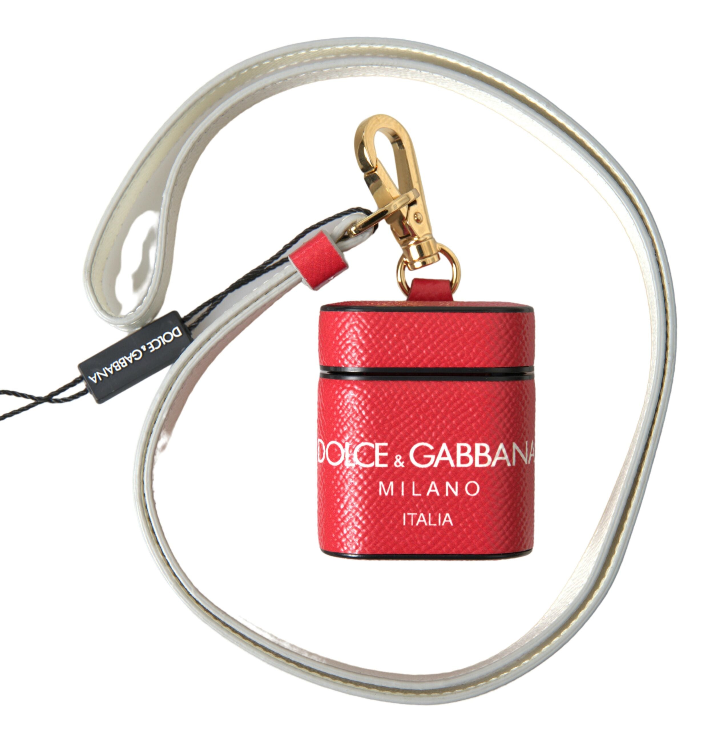 Dolce & Gabbana Red Leather Gold-Tone Metal Logo Print AirPods Case