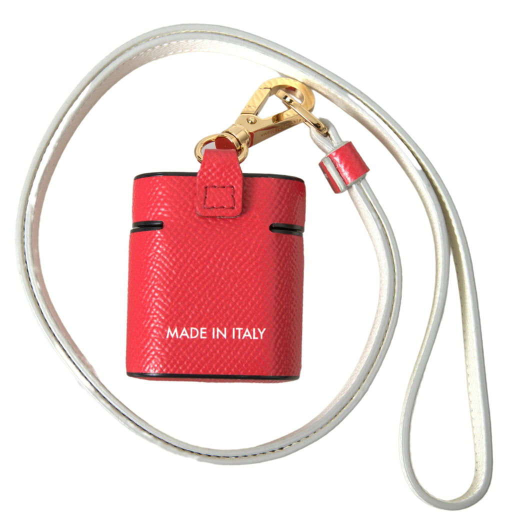 Dolce & Gabbana Red Leather Gold-Tone Metal Logo Print Strap AirPods Case