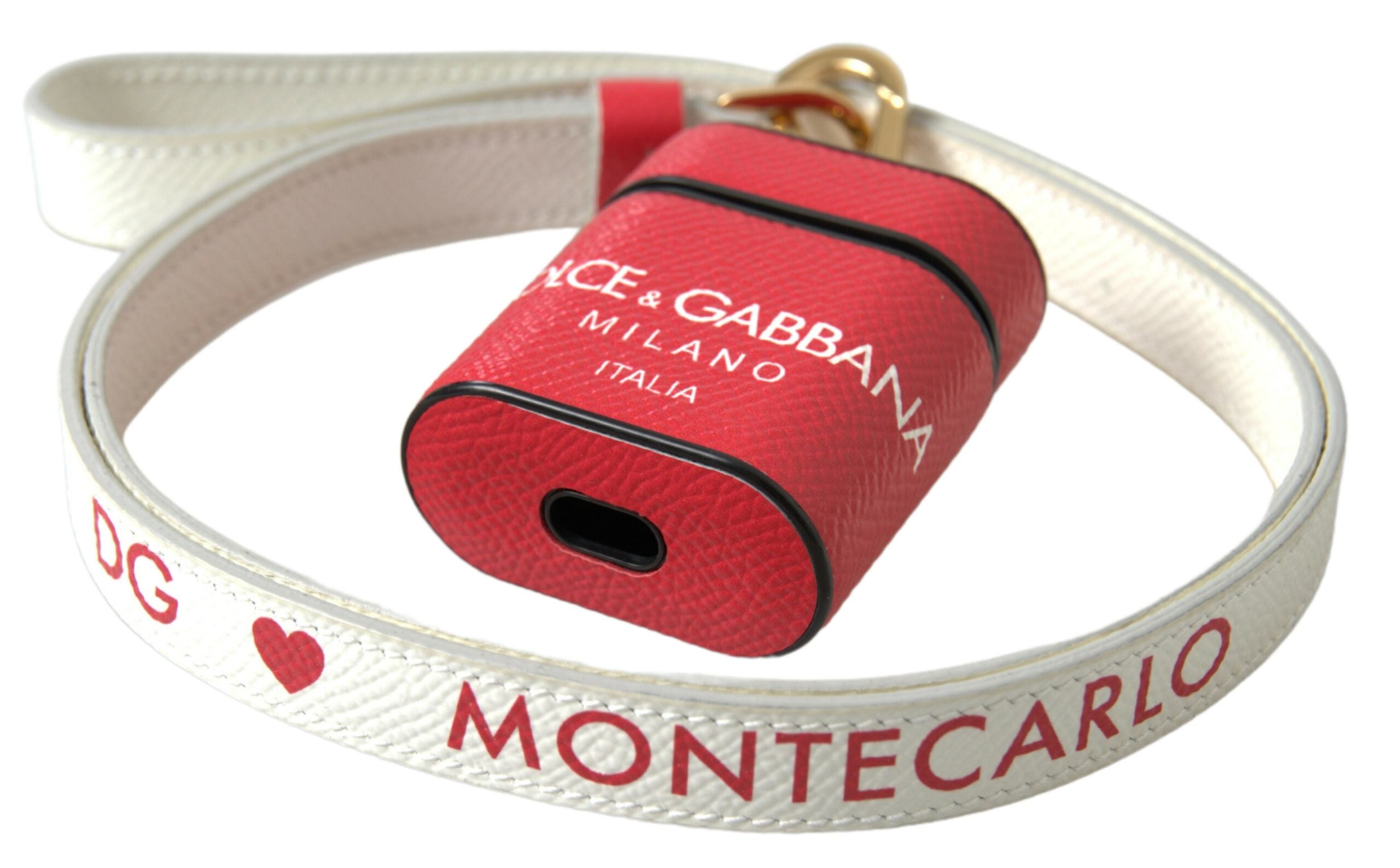 Dolce & Gabbana Red Leather Gold-Tone Metal Logo Print Strap AirPods Case