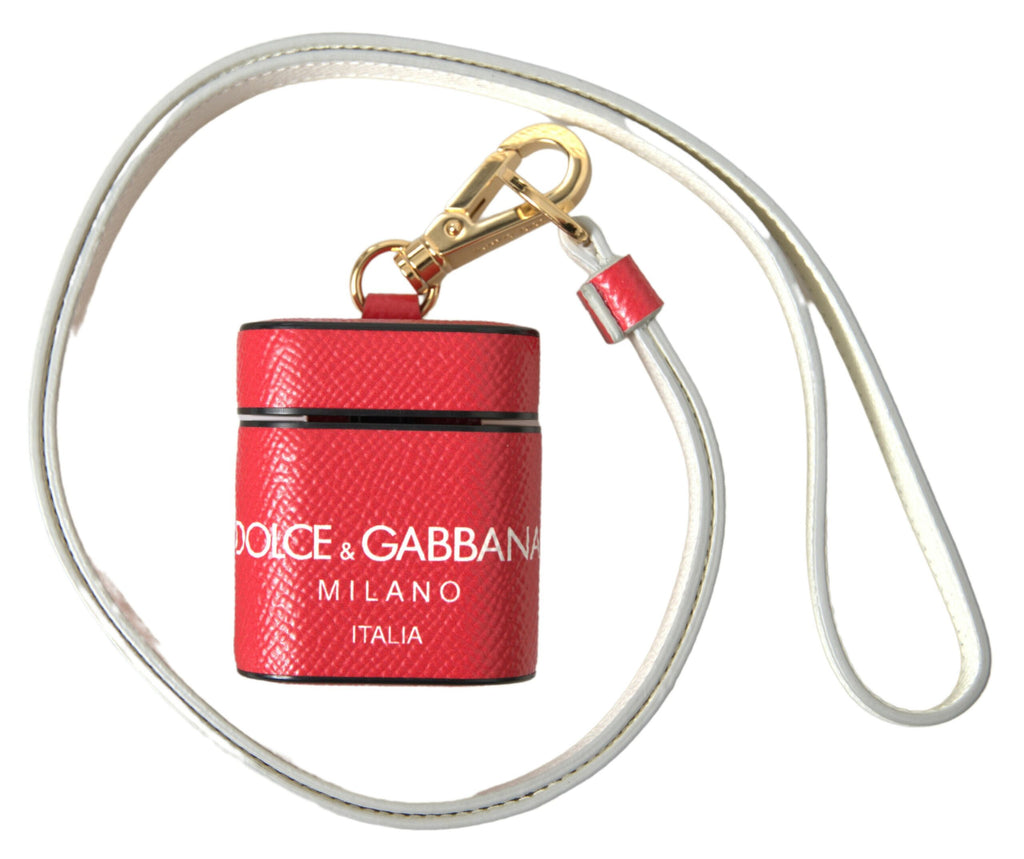 Dolce & Gabbana Red Leather Gold-Tone Metal Logo Print Strap AirPods Case
